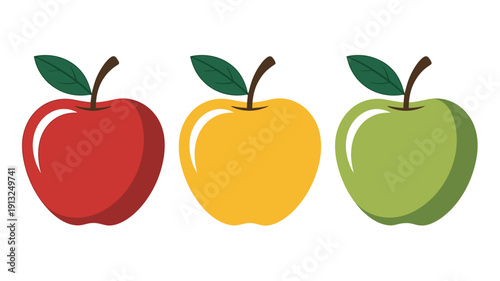 Three colorful apples with green leaves isolated on transparent background