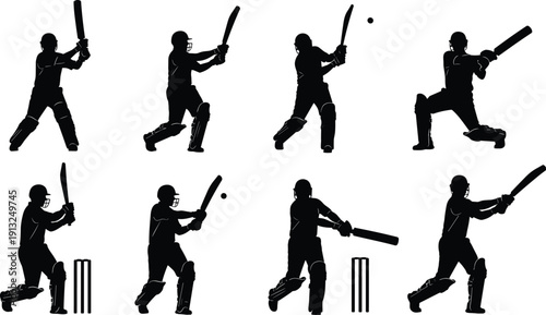 Cricket player batting silhouettes vector illustration, eight poses helmet pads stumps ball dynamic sport action athlete isolated design