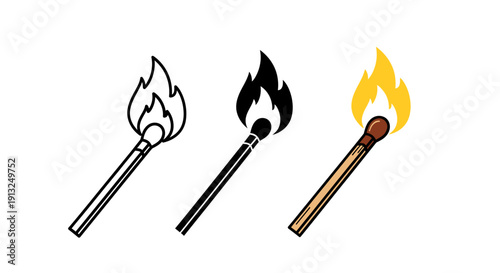 Three burning matchsticks with different flame colors isolated graphic illustration