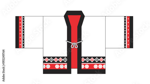 Traditional Japanese festival garment known as a happi coat features a white base with intricate red and black patterns along the borders.
