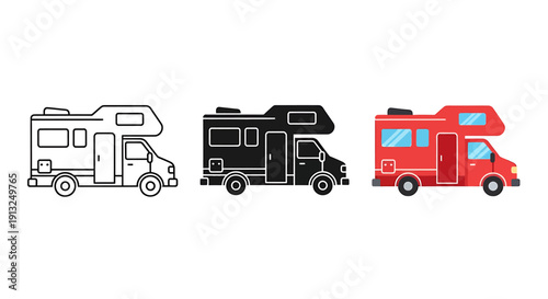 Three different style recreational vehicles parked side by side illustration