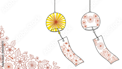 Two traditional Japanese glass wind chimes called furin hanging with decorated paper strips and a floral background corner.