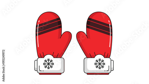 Pair of red winter mittens decorated with black stripes and white snowflake icons on the cuffs are shown side by side for cold weather gear.