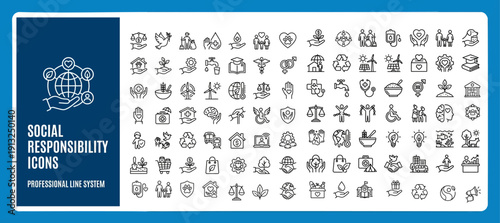 Social Responsibility and Corporate Sustainability Outline Vector Icon Set — ESG and Environmental Impact Editable Stroke Icons for Web and App UI