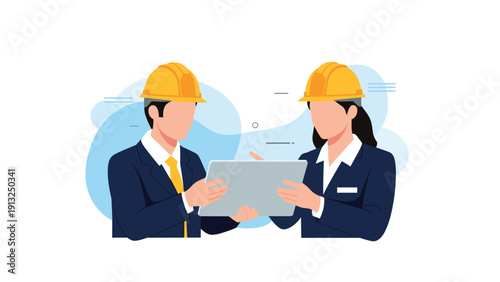 Two professional engineers wearing yellow hard hats discuss a project while looking at a digital tablet device against an abstract background.