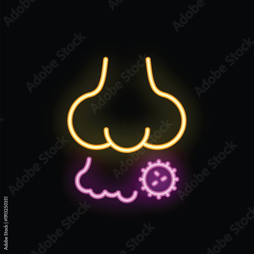 Neon medical icon of a nose breathing a virus, representing sickness and illness