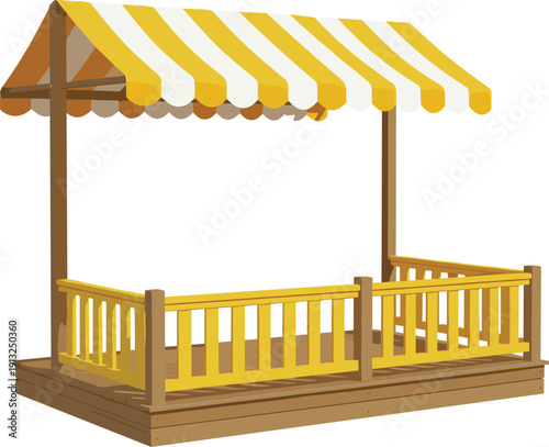 Wooden market stall with yellow striped awning outdoor kiosk booth illustration isolated on white background for fair shop retail design vector branding