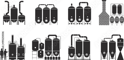 Industrial tank and vessel silhouettes collection showing factory processing equipment pipelines and storage systems black vector illustration isolated on white background
