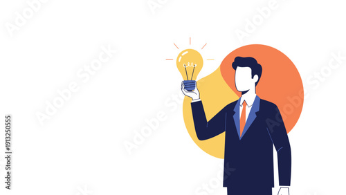 Man in a professional suit holds up a glowing lightbulb to symbolize a new business idea creative problem solving or a moment of epiphany.