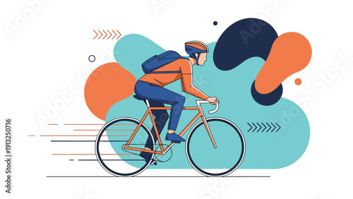 Cyclist with a blue backpack rides an orange bicycle through a series of colorful abstract shapes and motion lines representing urban commuting.