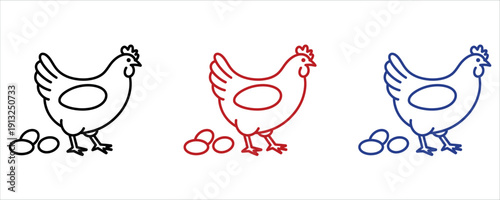 Poultry Farm Hen with Eggs Line Icons Set for Agriculture and Organic Food Vector Illustration.