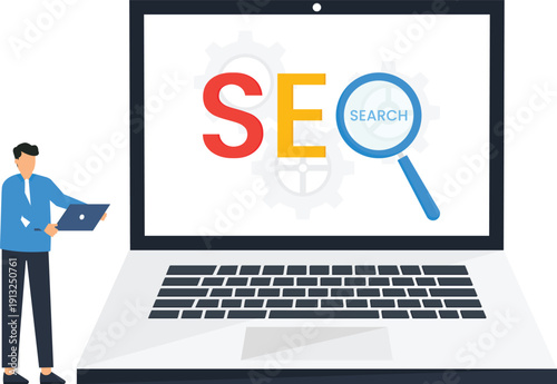 Search engine optimization concept showing digital marketing strategy on large laptop computer screen with ranking algorithm analysis by one person web developer flat design modern concept