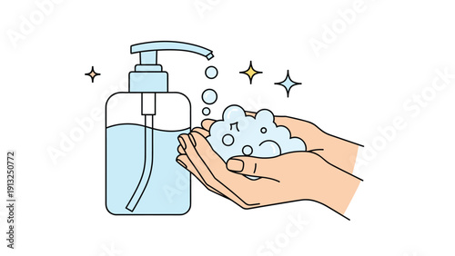 Close up of hands being thoroughly washed with blue liquid soap from a dispenser creating rich white foam and bubbles.