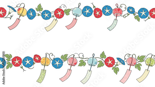 Two horizontal decorative borders featuring blue and red morning glory flowers intertwined with colorful Japanese wind chimes.