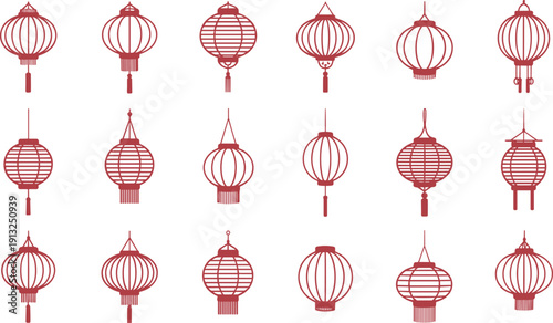 Collection of red Chinese lantern icons set, traditional Asian festival decoration vector illustration isolated on light background
