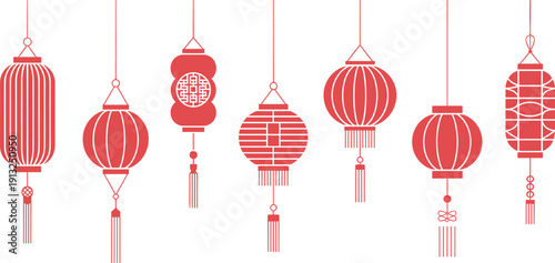 Collection of traditional Chinese red lanterns hanging decoration, Asian festival ornament vector illustration isolated on light background design