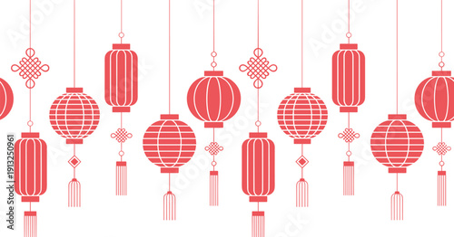 Seamless pattern of traditional Chinese red lanterns and knots, Asian festival background vector illustration decorative design