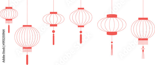 Minimalist traditional Chinese red lanterns hanging set, Asian festival decoration vector illustration isolated on light background design