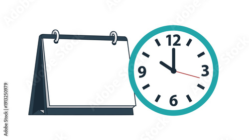 Desktop calendar is placed next to a large analog clock showing ten o-clock to represent time management scheduling and planning appointments.