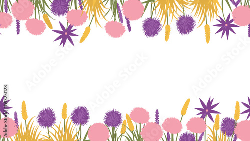Two horizontal floral borders containing an assortment of pink, purple, and yellow meadow flowers and tall grass stems.