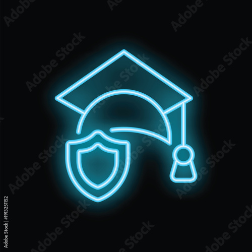 Neon icon showing a graduation cap and a shield, representing the concept of education protection