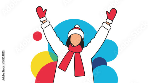 Person dressed in a white winter coat with a red scarf and mittens cheers with raised arms in front of a background with colorful circles.