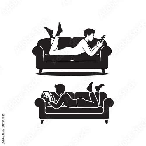 Black silhouettes of people relaxing on a sofa using tablets and smartphones Keywords