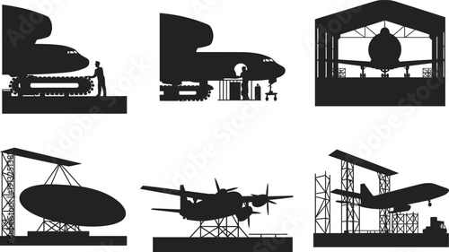 Aircraft maintenance silhouettes collection showing airplane assembly repair and hangar operations with ground crew black vector illustration isolated