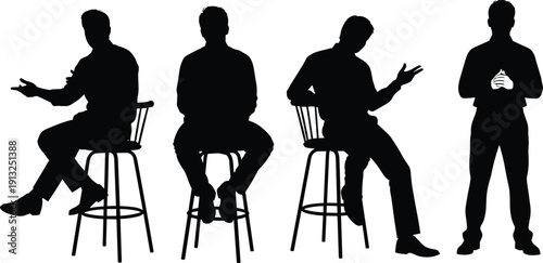 Seated and standing man silhouette set showing conversation gestures and casual poses isolated black vector illustration for lifestyle character design