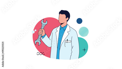 Professional mechanic or technician wearing a white lab coat and blue shirt holding a large silver wrench against a colorful abstract background.