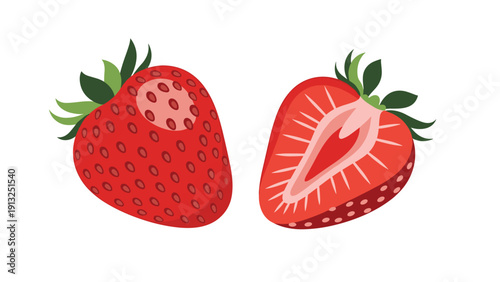 Two ripe red strawberries are shown with one being a whole fruit and the other sliced in half to reveal the internal seeds and texture.