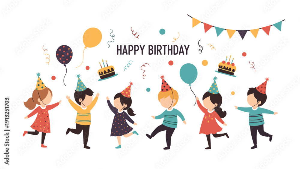Fototapeta premium Joyful children in party hats dancing and celebrating a happy birthday with colorful balloons, cakes, confetti, and festive banners in the air.