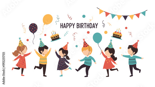 Joyful children in party hats dancing and celebrating a happy birthday with colorful balloons, cakes, confetti, and festive banners in the air.