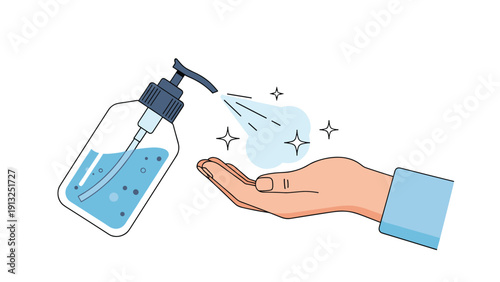 Illustration of a person using hand sanitizer spray from a bottle to disinfect their hands for protection against germs and viruses at home.