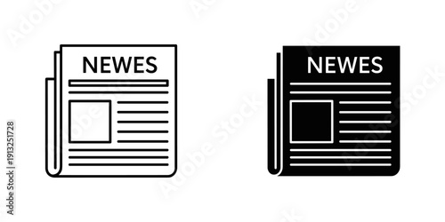 Clean and professional flat design newspaper icons in black and white, ideal for news apps, media websites, and digital publications with a sleek minimalist aesthetic.