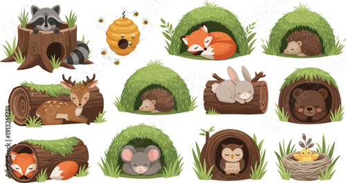 Cute woodland animals sleeping in dens and hollow logs vector set, forest creatures like fox bear owl and raccoon in cozy nests nursery illustration.