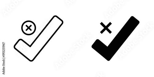 Minimalist vector illustration of a hand-drawn checkmark and cross symbolizing decision-making, approval, and rejection in high-contrast black and white.