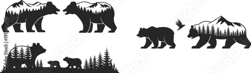 Bear silhouettes with forest and mountain landscape double exposure style, wildlife nature vector illustration collection for outdoor branding and apparel