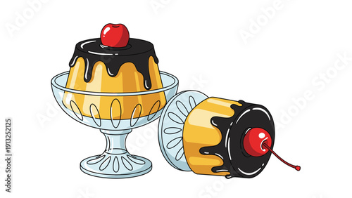 Two delicious custard puddings with dark chocolate syrup topping and bright red cherries on top, one served in a glass dish and one tipped over.