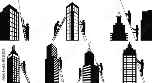Skyscraper construction silhouettes showing workers climbing ladders and assembling high rise buildings black vector illustration isolated on white background