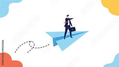 Successful businessman with a briefcase standing on a flying paper plane and pointing forward, representing vision and growth.