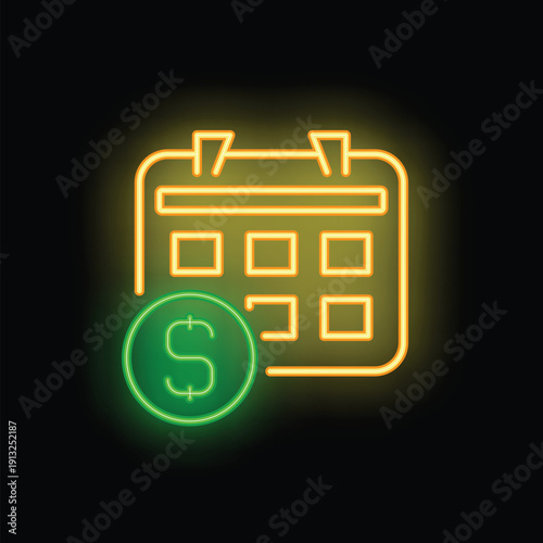 Glowing neon icon of a calendar with a dollar sign representing payment day