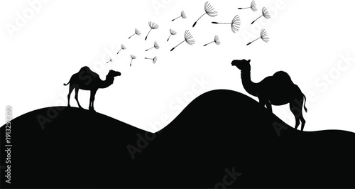 Camel Silhouette in Desert Landscape with Sand Dunes and Dandelion Seeds Flying Isolated on White Background Vector