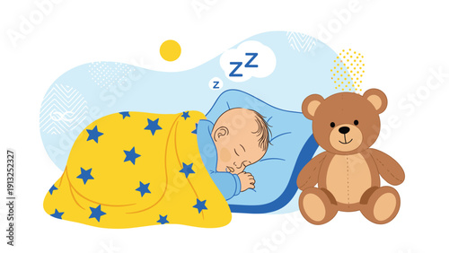 Peaceful baby sleeping soundly in a bed with a blue pillow and a yellow blanket with stars, with a cute brown teddy bear sitting nearby.
