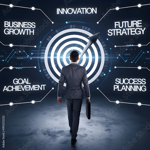 Businessman launching startup rocket icon toward target, representing business growth, innovation, future strategy, goal achievement, and success in digital transformation.