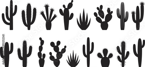 Minimalist cactus silhouette collection vector set featuring desert plants, saguaro and prickly pear shapes isolated on white background