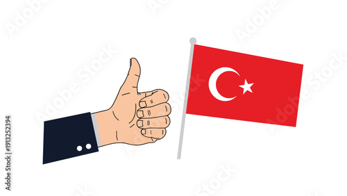 Human hand showing a thumbs up gesture next to the flag of Turkey, representing approval, agreement, or support for the nation.
