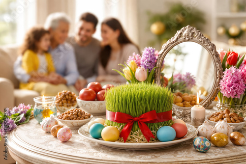 Nowruz Persian New Year Haft-sin table with Sabzeh tied with red ribbon mirror painted eggs hyacinths tulips family celebration spring equinox rebirth 2026 Central Asian culture