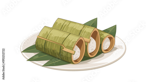 Traditional lemang sticky rice cooked in bamboo tubes served on a white plate with green leaves, a classic festive dish.