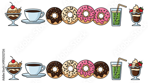 Dessert and beverage border frame with sweet treats like donuts, parfaits, a cup of coffee, and a glass of green soda with a straw.